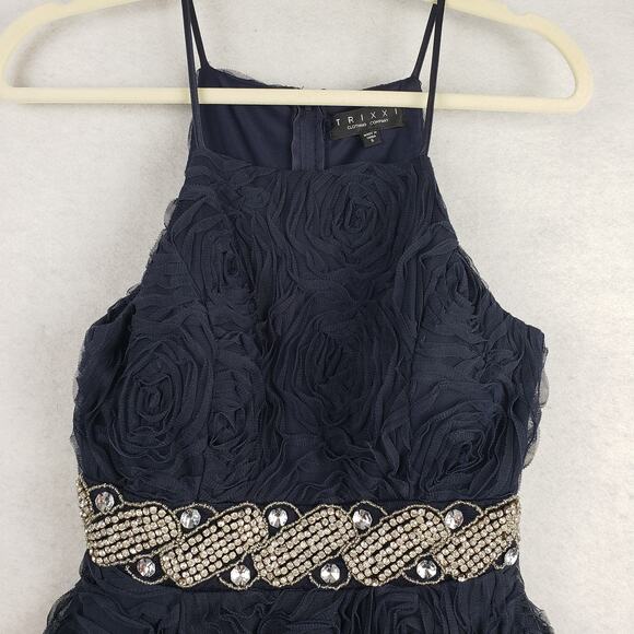 Trixxi Size 5 High Neck Fit & Flare Mini Dress Navy Textured Floral Rhinestone - Picture 3 of 11